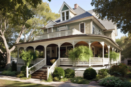 traditional home with wraparound porch and wooden railing, created with generative aiの素材