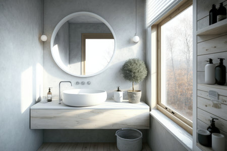 a modern bathroom with a round white wash basin and minimalist touches, created with generative aiの素材