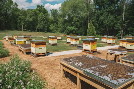 pollinator garden with beekeeping equipment, including hives and honey jars, created with generative aiの素材
