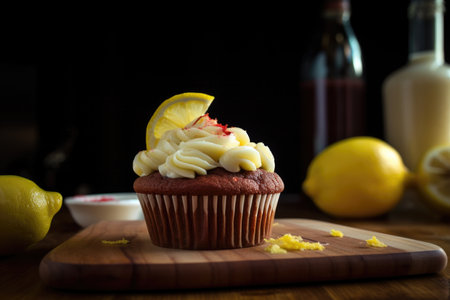 classic red velvet and cream cheese frosting cupcake, with a twist of lemon, created with generative aiの素材