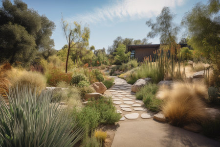 drought-tolerant garden featuring native plants and water-wise design, created with generative aiの素材