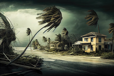 tropical cyclone approaching land, with buildings and trees in the foreground, created with generative aiの素材