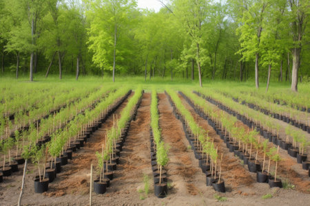 tree nursery with rows of young trees ready for planting, created with generative aiの素材