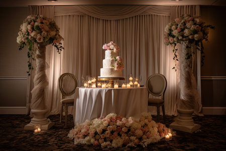 sweetheart table, with towering wedding cake and romantic setting for the newlyweds, created with generative aiの素材