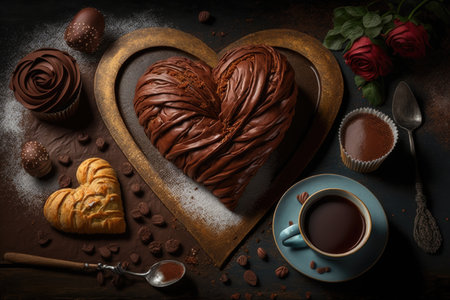 heart-shaped croissant filled with chocolate or almond paste, surrounded by coffee and pastries, created with generative aiの素材