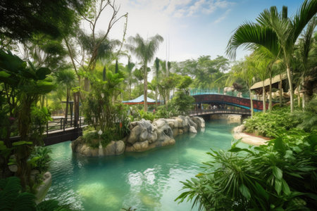 water park with greenery and trees in the background, setting for relaxing and peaceful visit, created with generative aiの素材