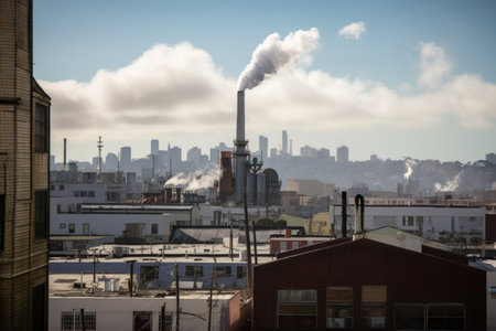 smokestack, with plumes of pollution rising into the sky, against a backdrop of city skyline, created with generative aiの素材