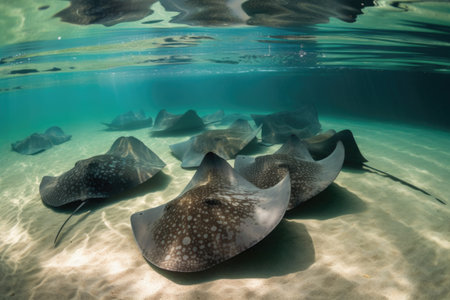 pile of rays swimming together, their colorful patterns shining, created with generative aiの素材