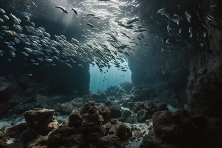 underwater cave with view of the open ocean, with schools of fish swimming by, created with generative aiの素材