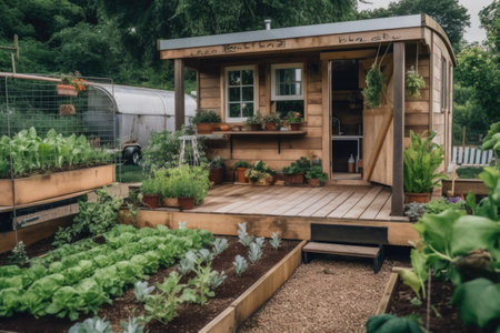 tiny home with vegetable garden and herbs for cooking, created with generative aiの素材