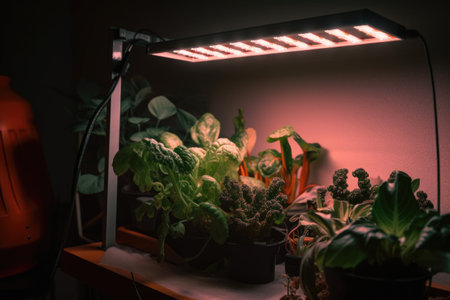 close-up of a grow light in a home-grow setup, created with generative aiの素材