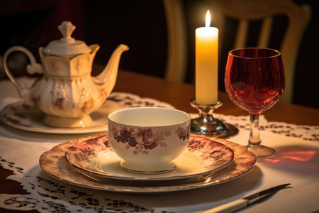 romantic and dining experience with candlelight and fine china, created with generative aiの素材