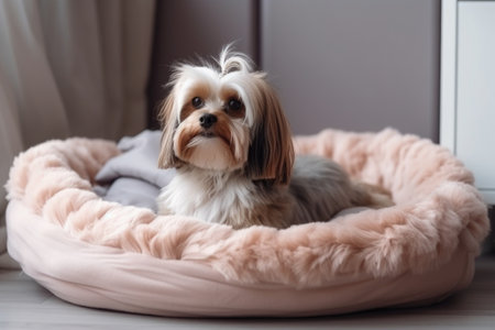 luxurious pet bed with fluffy pillows and soft blanket in pastel colors, created with generative aiの素材