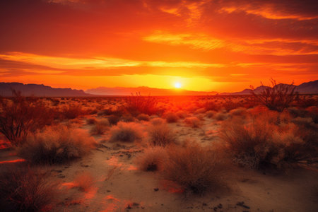 majestic desert sunset, with vibrant hues of orange and red, created with generative aiの素材