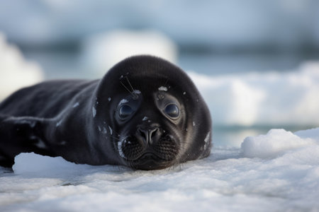 view of seal pup lying on its side, with icy shorline in the background, created with generative aiの素材