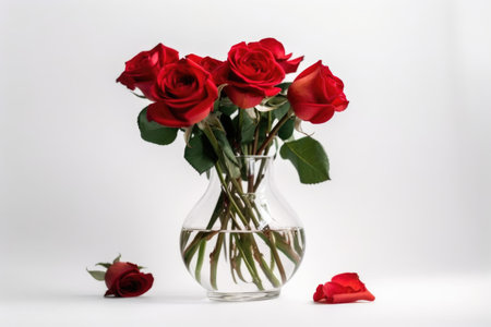 red roses in clear vase on white background, created with generative aiの素材