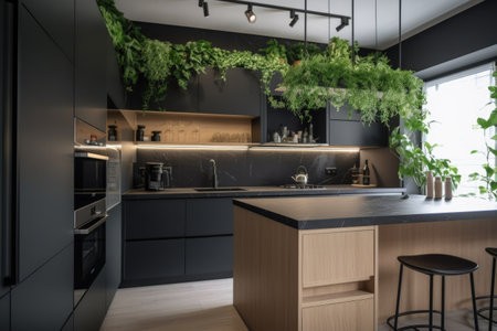 modern kitchen with sleek appliances and lush greenery for a natural touch, created with generative aiの素材