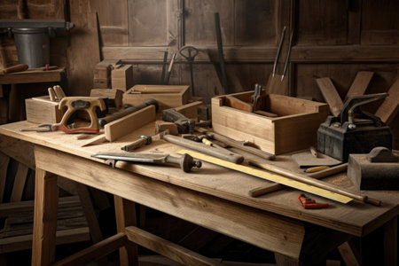 carpentry workshop with tools, saws, and nails on wood, created with generative aiの素材