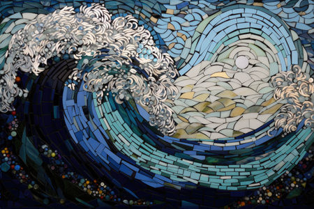 stained glass mosaic of a seascape with waves and clouds, created with generative aiの素材