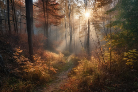 autumn forest hike with misty morning sunrise, the sun peeking through the trees, created with generative aiの素材