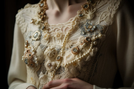 upcycled sweater with intricate lace detailing and beads, created with generative aiの素材