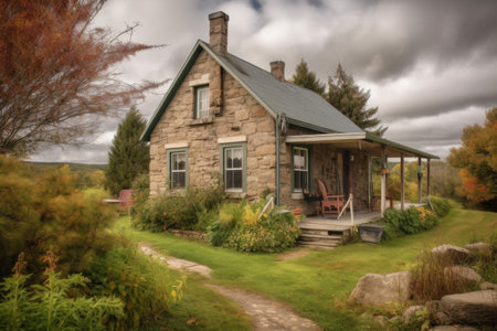 warm and cozy cottage, with view of the rolling hills and open skies, created with generative aiの素材