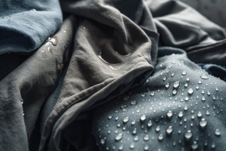 close-up of wet and freshly washed clothes, with droplets of water still on them, created with generative aiの素材