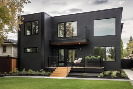 house with dramatic black metal exterior and white trim, created with generative aiの素材