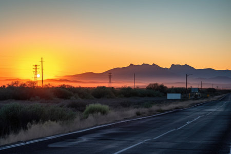 sunrise over mountain range, with view of roadside landmark visible in the distance, created with generative aiの素材