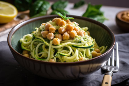 hearty bowl of zucchini pasta with pesto and chickpeas, created with generative aiの素材