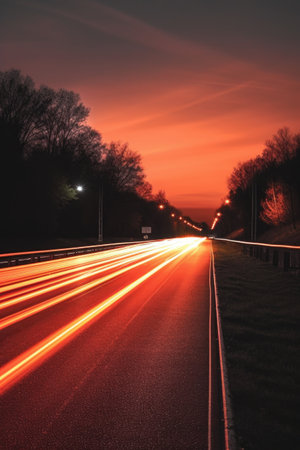 light trails from moving cars on a highway, created with generative aiの素材