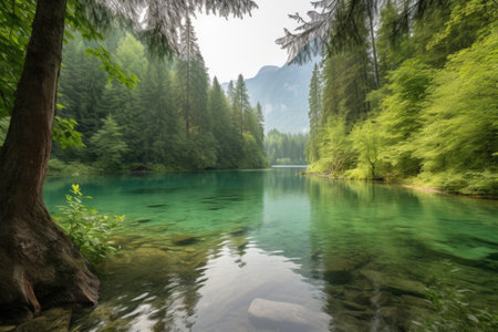 serene lake surrounded by lush greenery, with tall trees and mountains in the background, created with generative aiの素材
