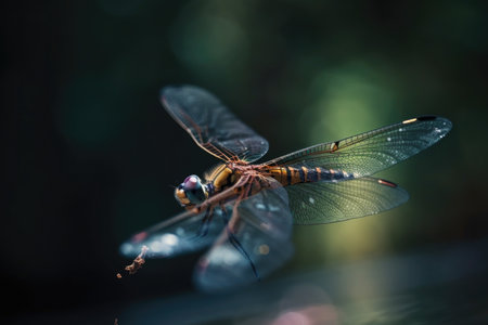 macro shot of dragonfly in flight, its wings buzzing, created with generative aiの素材