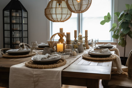 casual dining room with mismatched plates and glasses, natural linen napkins, and lanterns, created with generative aiの素材