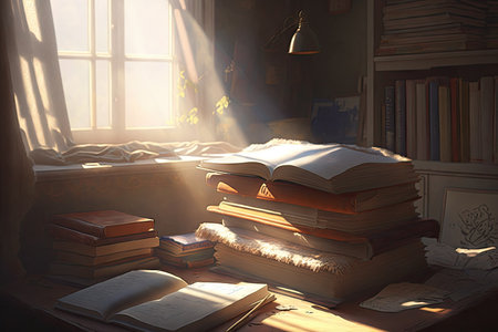 the sun rays shining on a pile of books, on a cozy reading nook, created with generative aiの素材