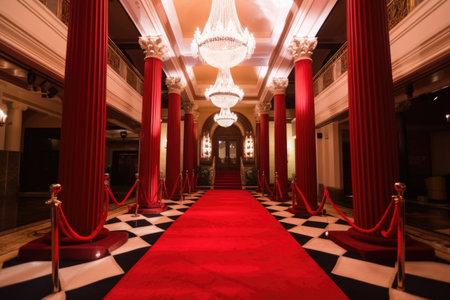 red carpet leading to grand entrance, with towering columns and dazzling chandelier in the background, created with generative aiの素材