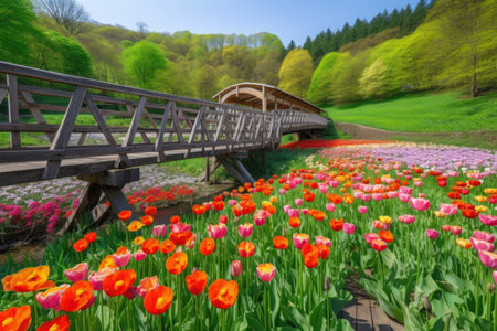 idyllic tulip field in the springtime, with wooden bridge and waterfalls visible in the background, created with generative aiの素材