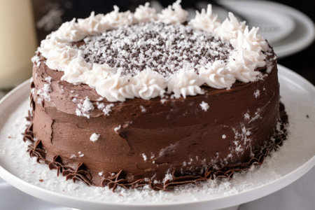 chocolate cake with homemade frosting and sprinkle of confectioners sugar on top, created with generative aiの素材