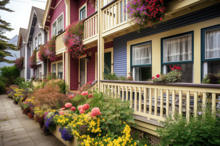 brightly colored exterior of residential home, with blooming flower boxes and siding details, created with generative aiの素材