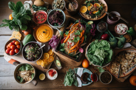 a vibrant and colorful zero-waste meal, featuring fresh local ingredients, created with generative aiの素材