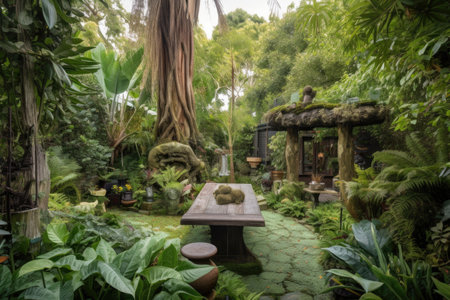 vibrant jungle garden with towering trees, vines and exotic plants, created with generative aiの素材