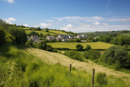 rural village with clear blue sky, surrounded by green fields and pastures, created with generative aiの素材