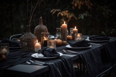 stylish outdoor table setting with chargers, candles, and cloth napkins, created with generative aiの素材