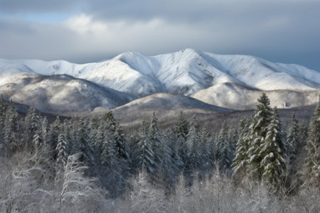 snow-covered mountain range, with dense forest in the foreground, created with generative aiの素材