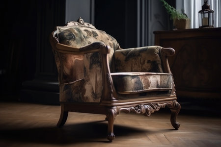 old armchair with wooden frame and beautiful upholstery, ready for a new life in the home, created with generative aiの素材