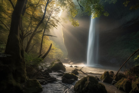 majestic waterfall, with misty spray and sunlight shining through the trees, created with generative aiの素材