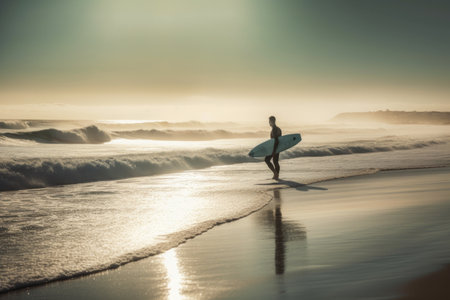 surfer catching wave on pristine beach, created with generative aiの素材