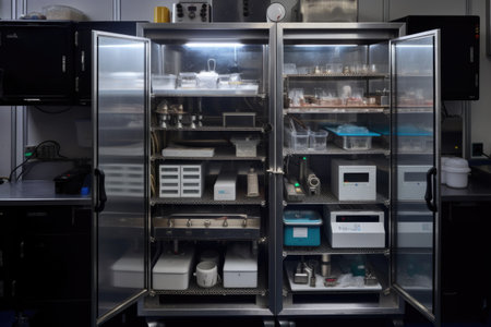 a temperature-controlled holding cabinet filled with delicate instruments and tools, created with generative aiの素材