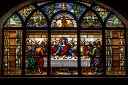 stained glass window depicting the last supper, with a view of individual pieces of mosaic art adorning the background, created with generative aiの素材