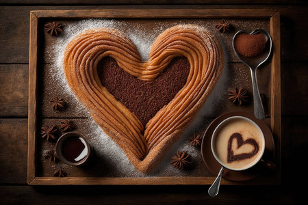heart-shaped churros surrounded by gourmet coffee for a sweet and savory treat, created with generative aiの素材